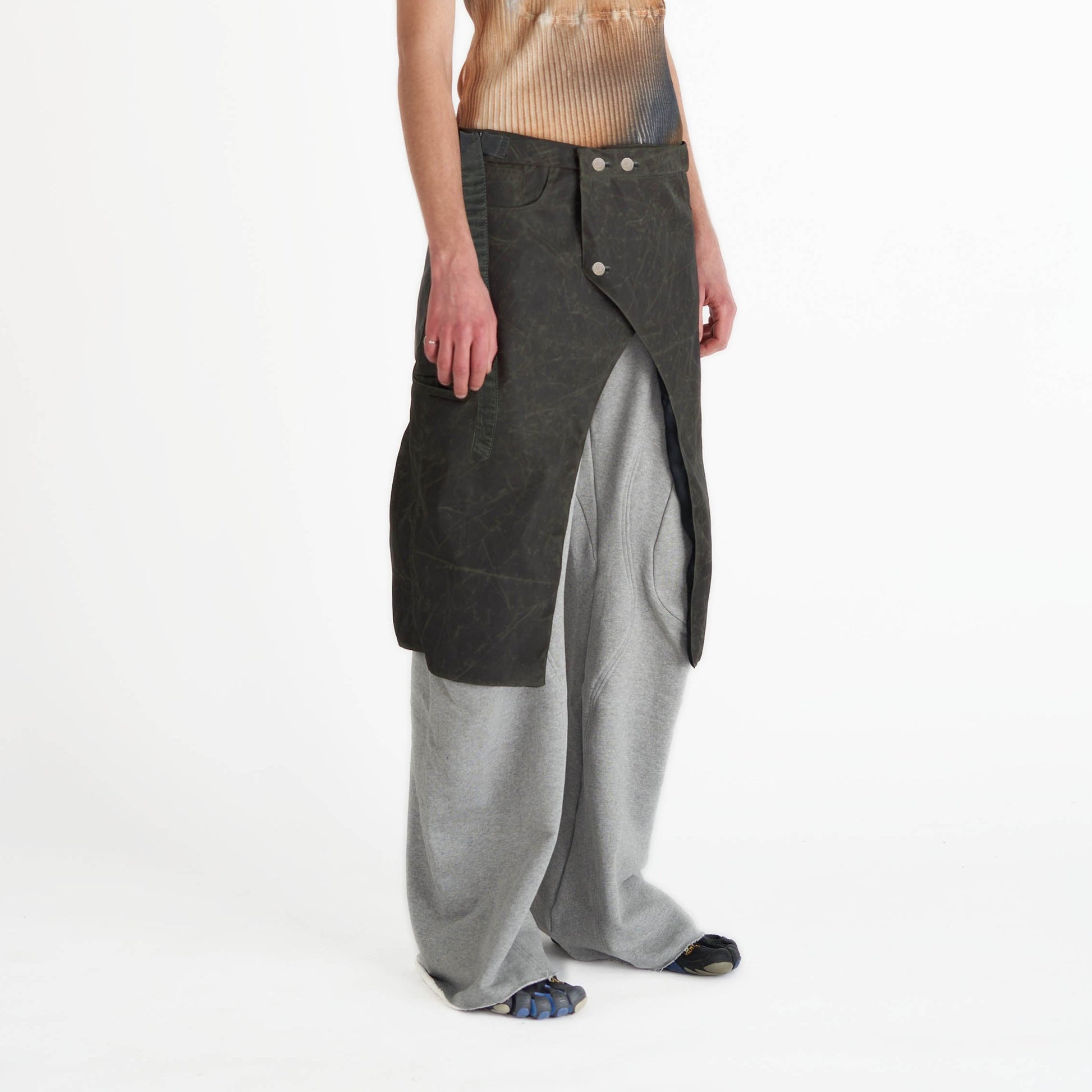 Utility Wrap skirt waxed nylon fabric button fastenings layering skirt unisex