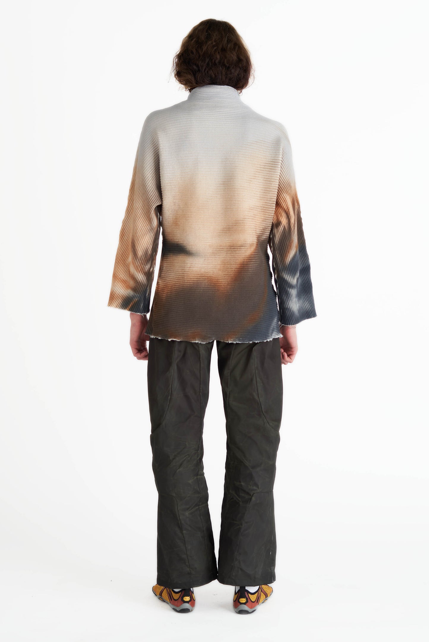Longsleeve top tunic multicolour airbrush design in brown grey ribbed jersey lace detail high neck medieval core