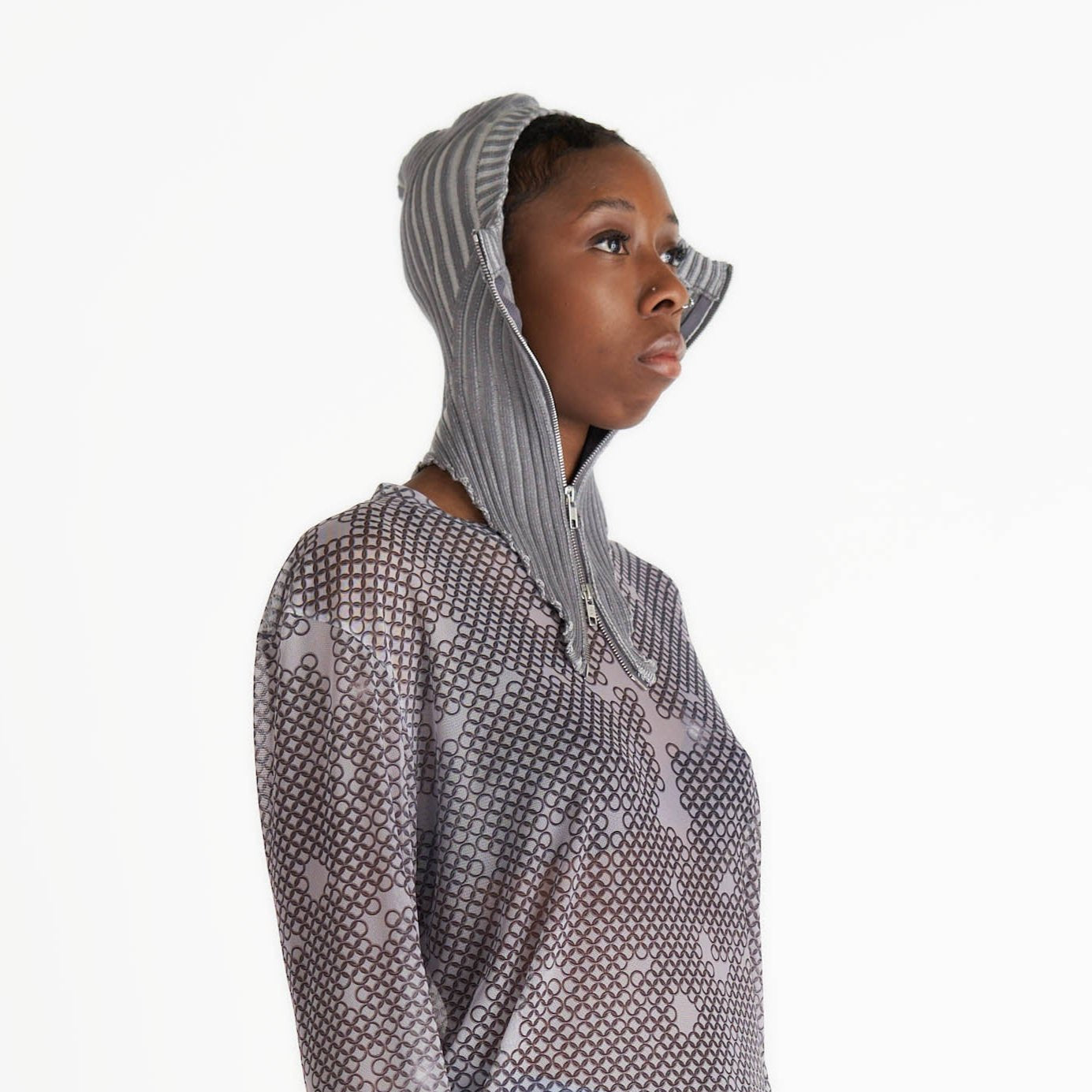 Pointed hood balaclava with zip cotton rib knit medieval core