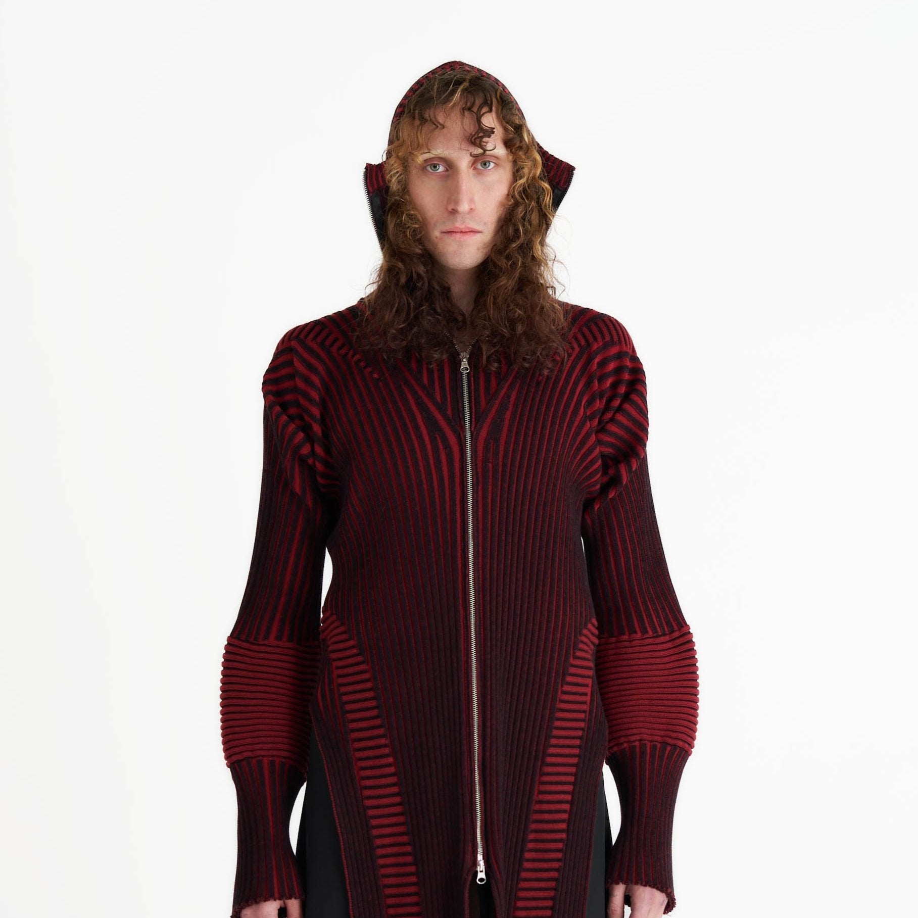 Hooded knit zip up jacket cardigan rib knit black and red