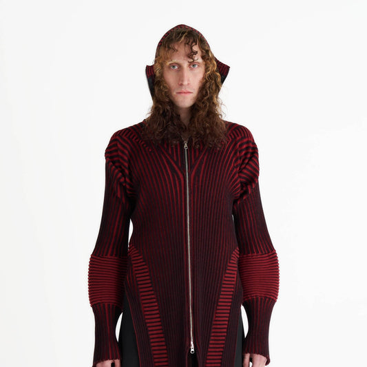 Hooded knit zip up jacket cardigan rib knit black and red