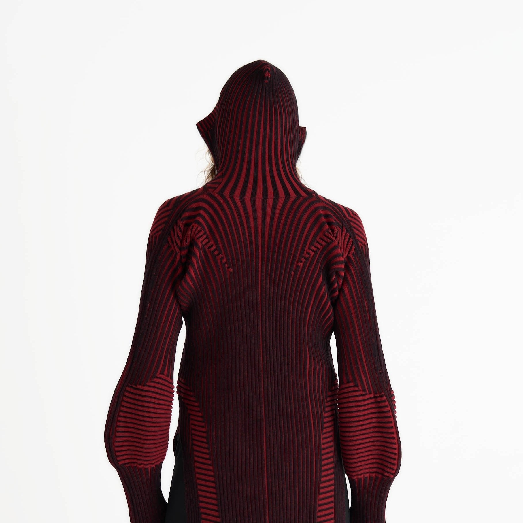 Hooded knit zip up jacket cardigan rib knit black and red