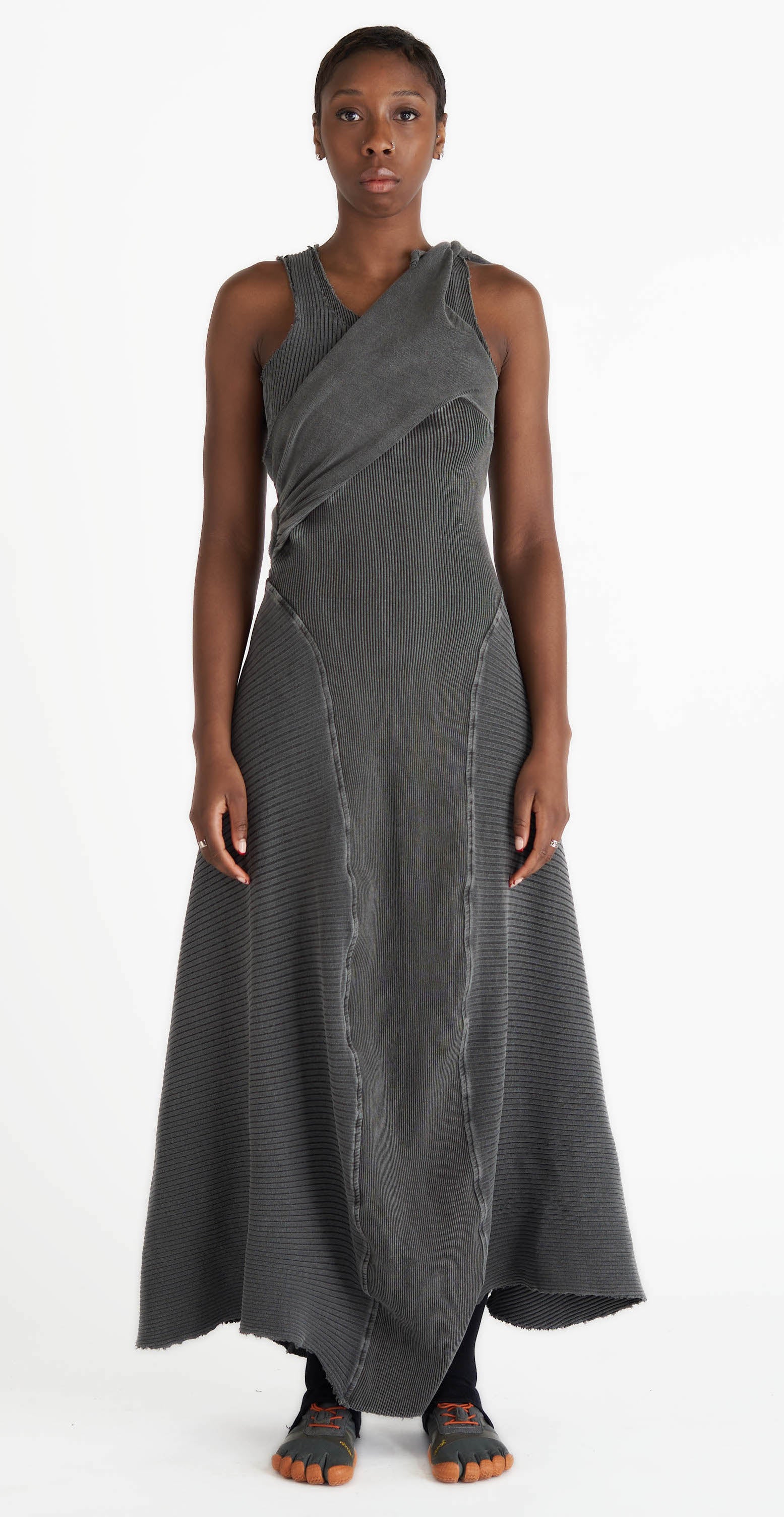 grey chunky rib maxi dress cotton jersey draped design flowy hem
