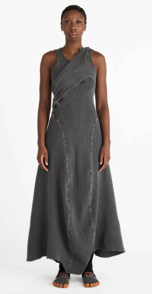grey chunky rib maxi dress cotton jersey draped design flowy hem