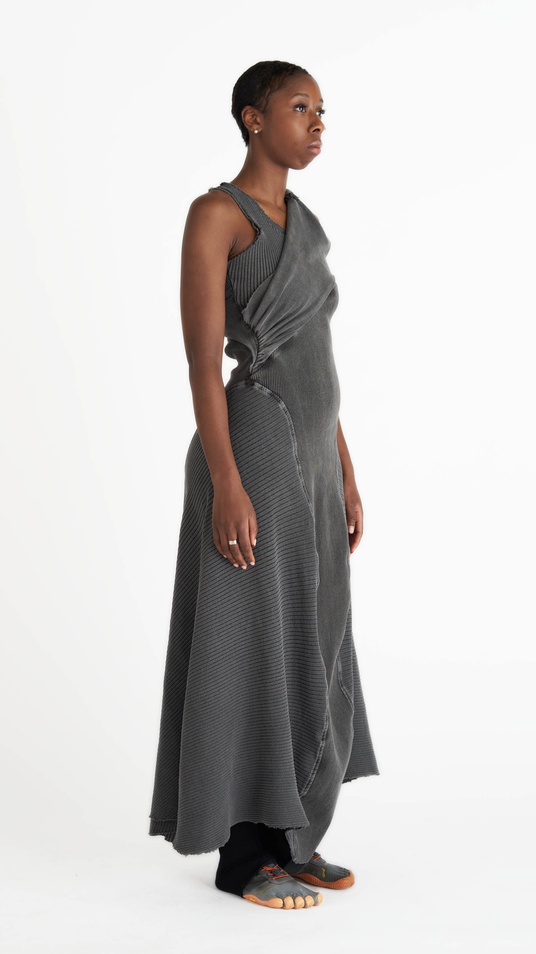 grey chunky rib maxi dress cotton jersey draped design flowy hem