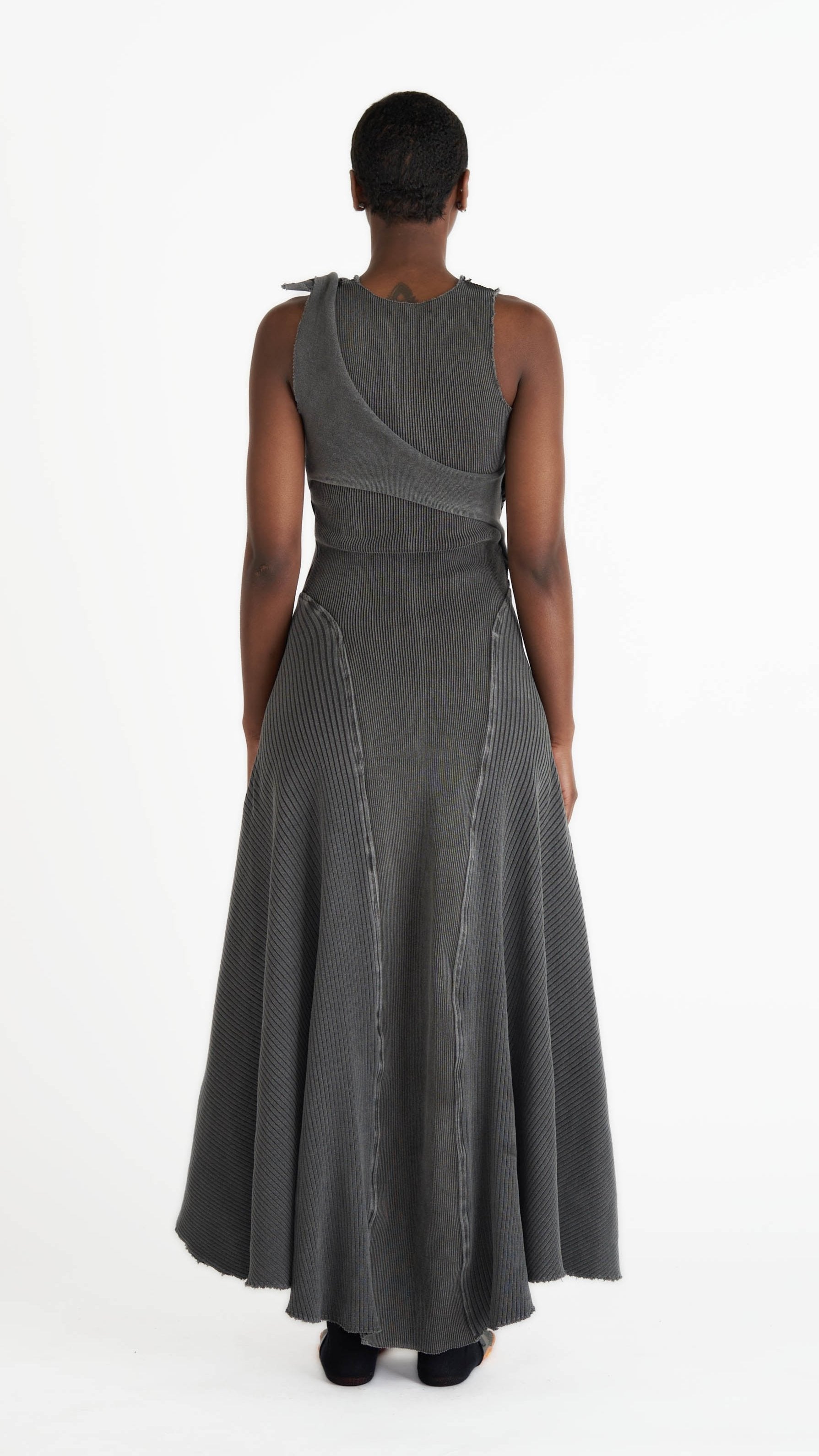 grey chunky rib maxi dress cotton jersey draped design flowy hem