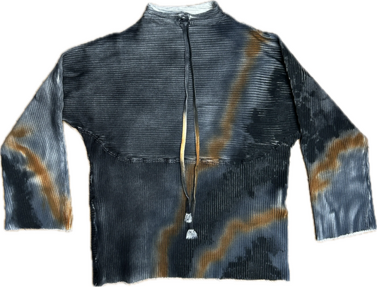 Longsleeve top tunic multicolour airbrush design in brown grey ribbed jersey lace detail high neck medieval core