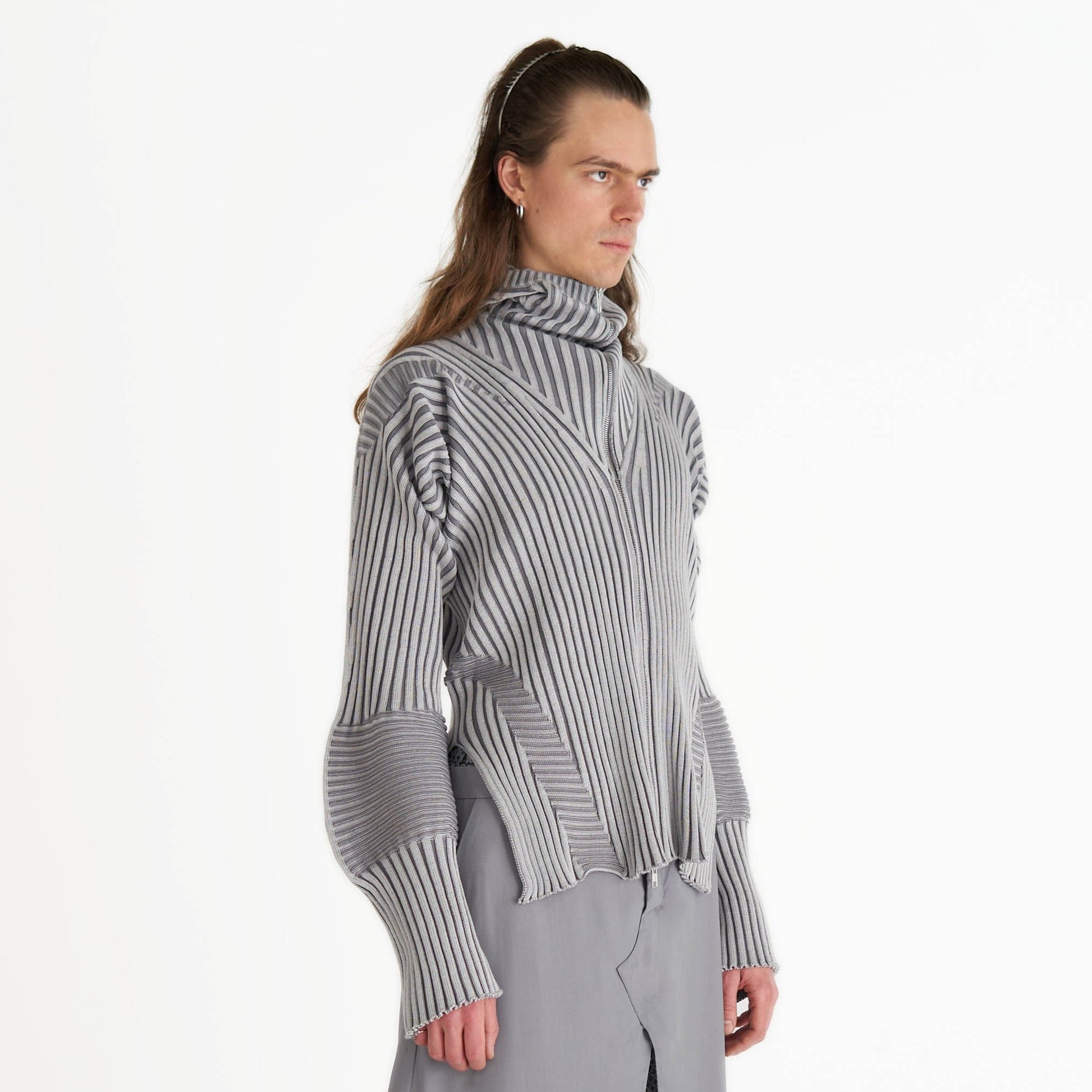 Hooded knit zip up jacket cardigan rib knit silver and grey cotton