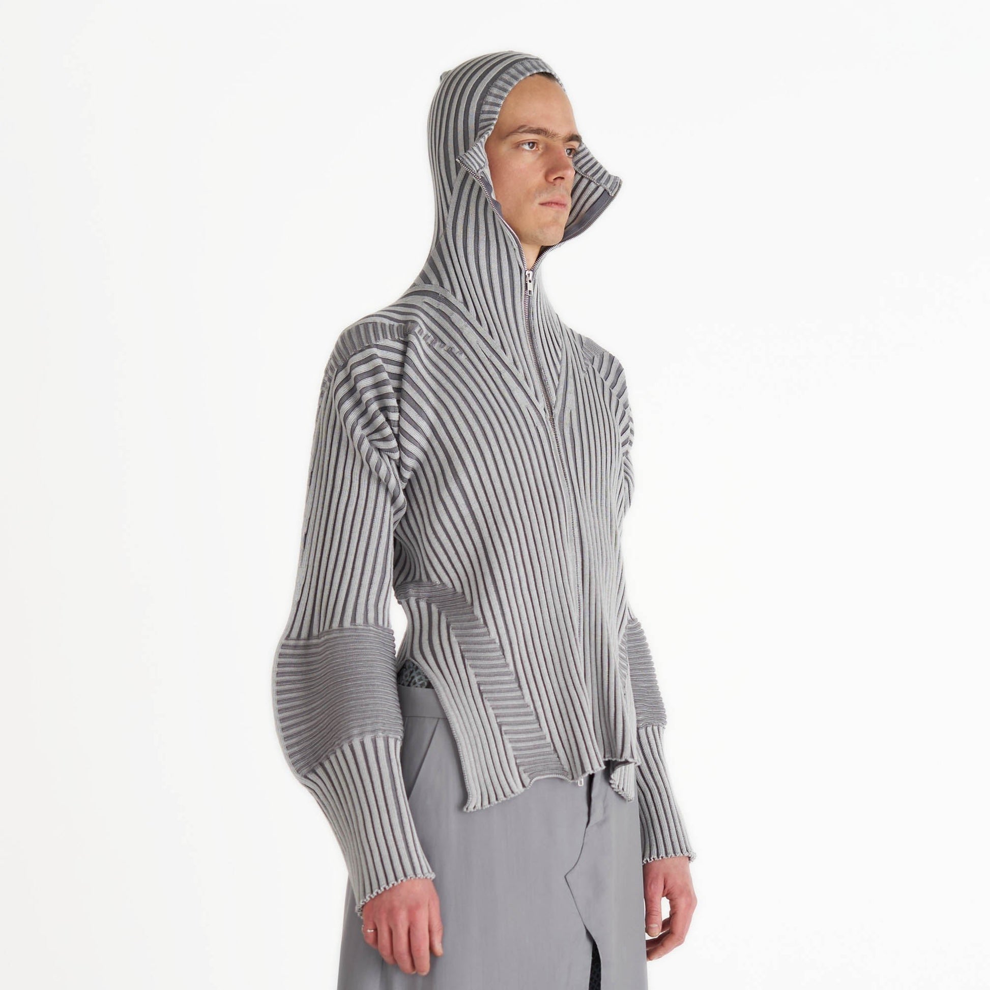 Hooded knit zip up jacket cardigan rib knit silver and grey cotton