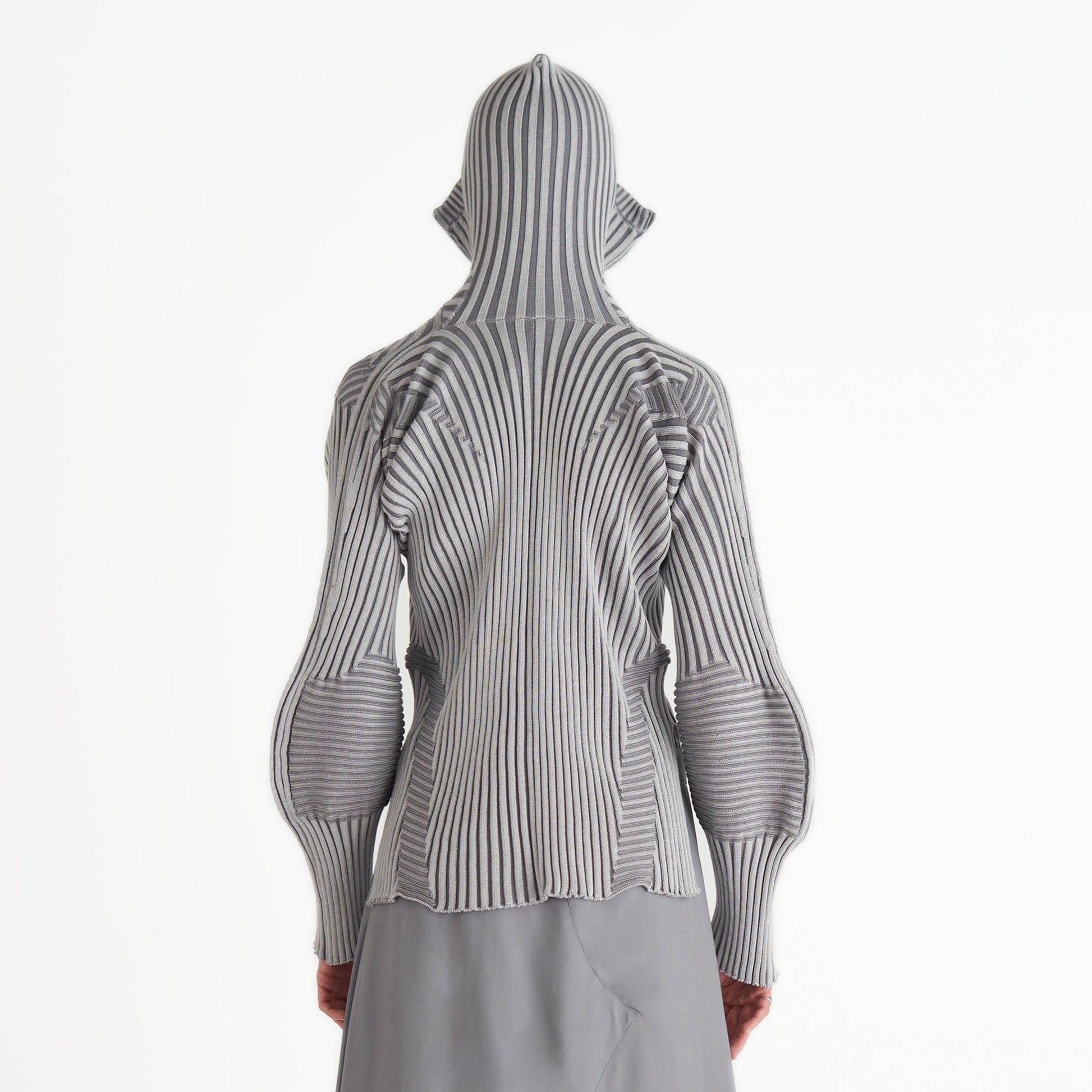 Hooded knit zip up jacket cardigan rib knit silver and grey cotton
