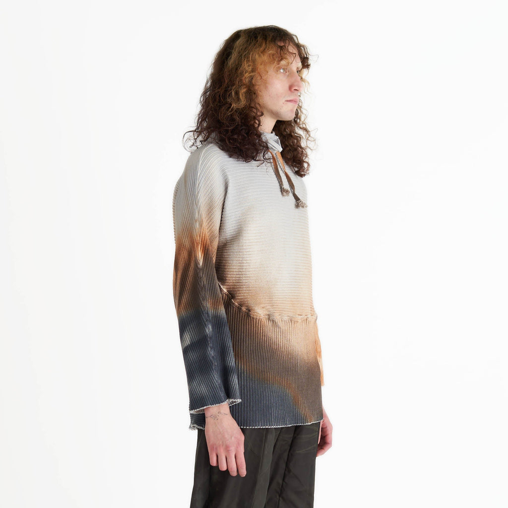 Longsleeve top tunic multicolour airbrush design in brown grey ribbed jersey lace detail high neck medieval core