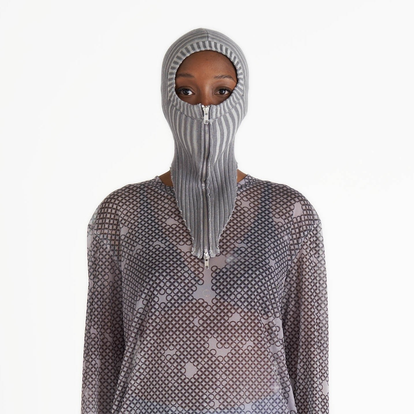 Pointed hood balaclava with zip cotton rib knit medieval core