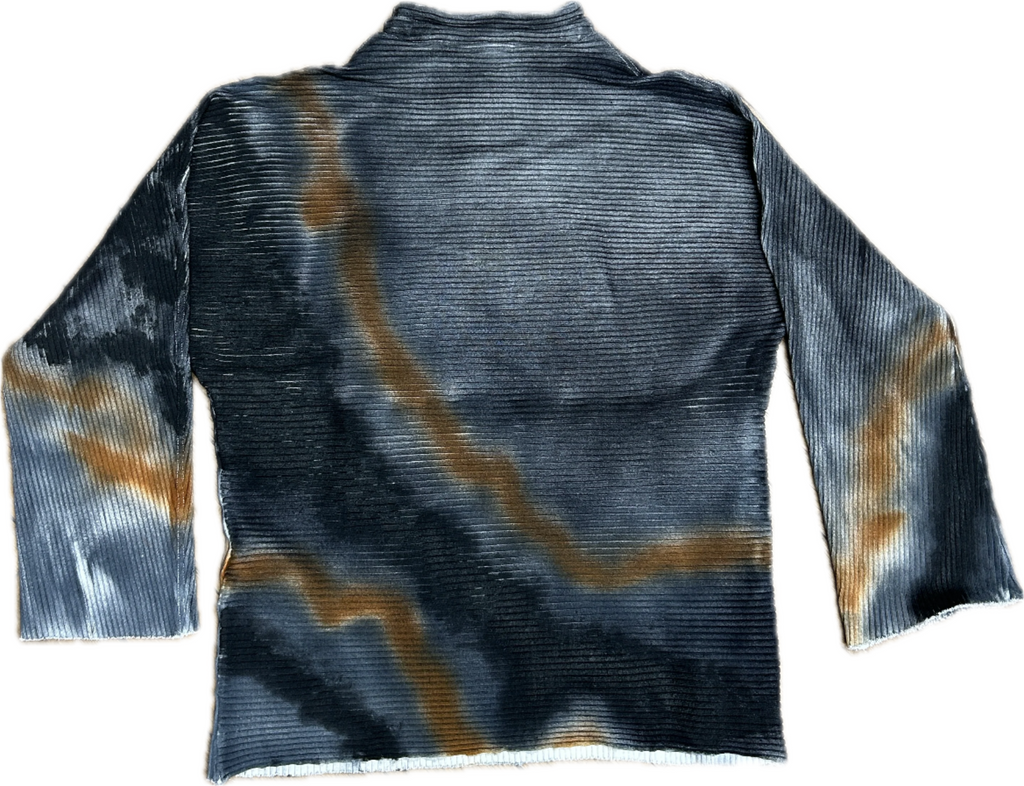 Longsleeve top tunic multicolour airbrush design in brown grey ribbed jersey lace detail high neck medieval core