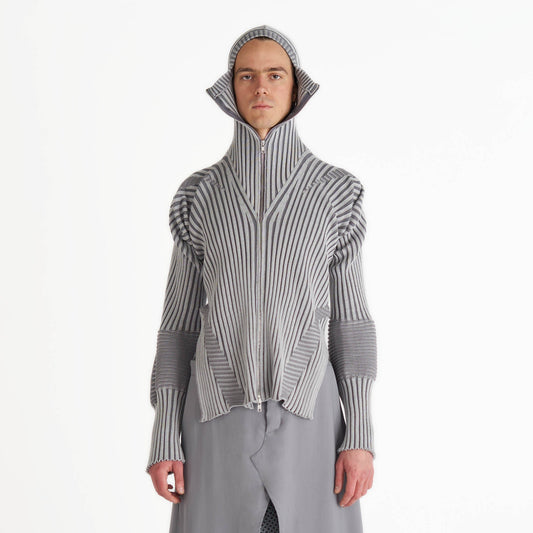Hooded knit zip up jacket cardigan rib knit silver and grey cotton